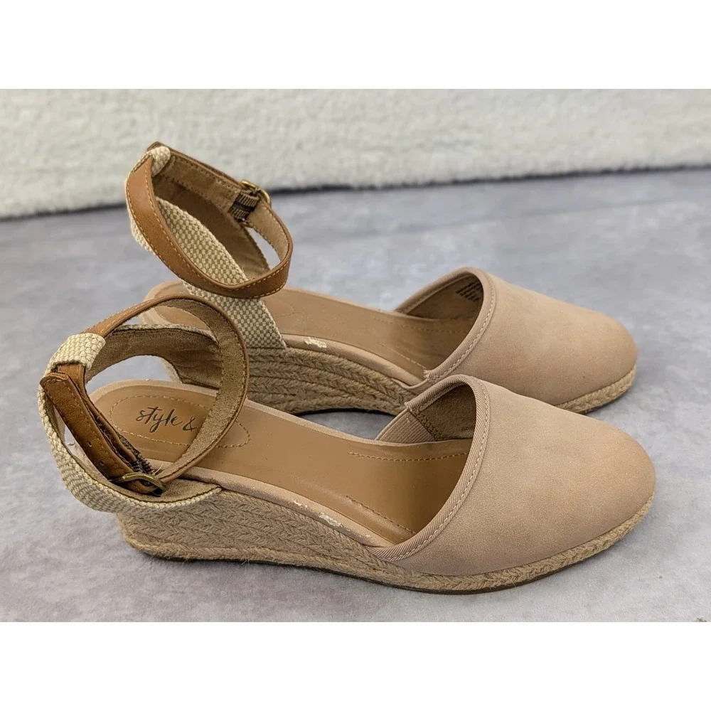 Style & Co Tan Espadrille Wedge Sandals Womens 7M Ankle Strap Closed Toe Shoes
